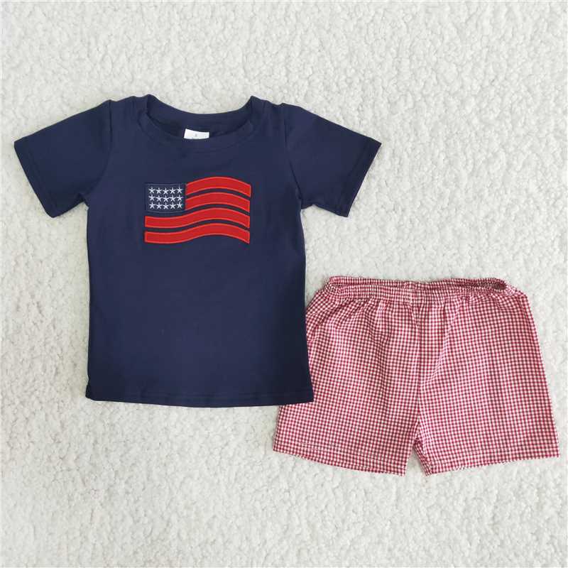 July 4th embroidery boys summer sets short sleeve shirt 2pcs