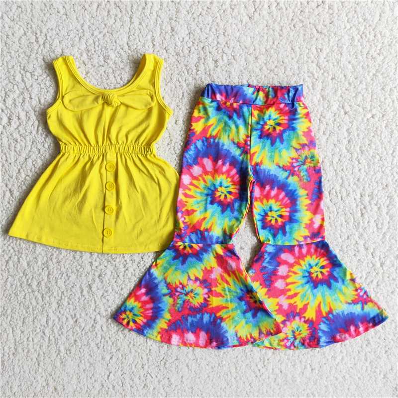 yellow cotton vest color bell pants girls sets kids clothes