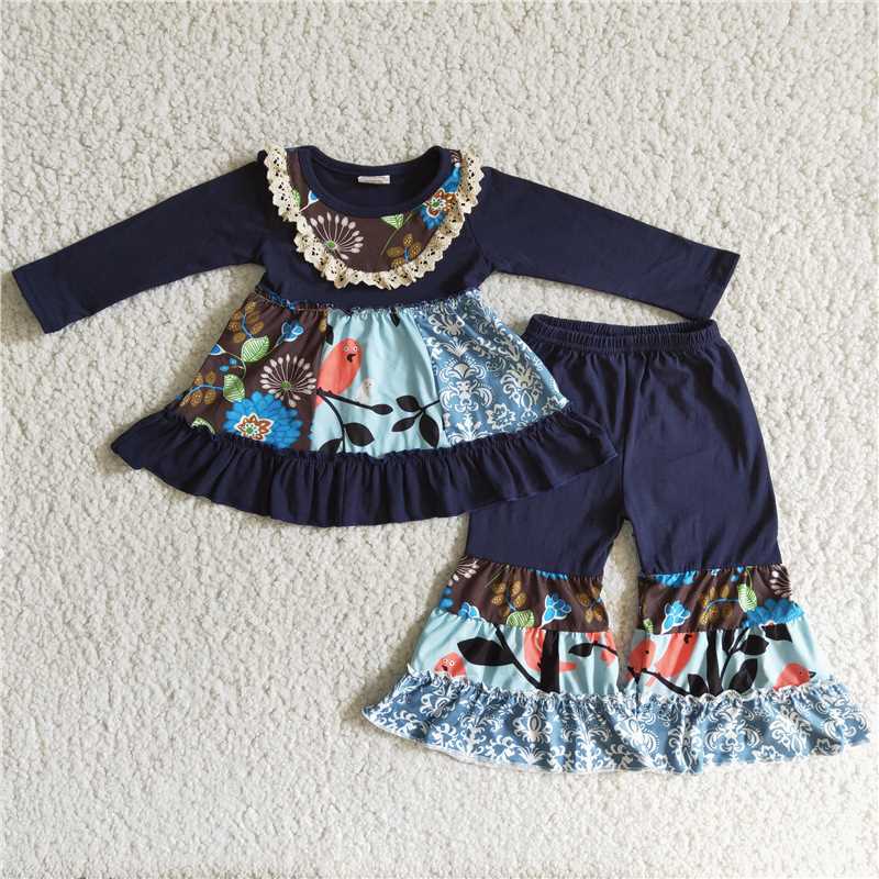 bird top branch print pants 2 pieces girl sets kids clothes