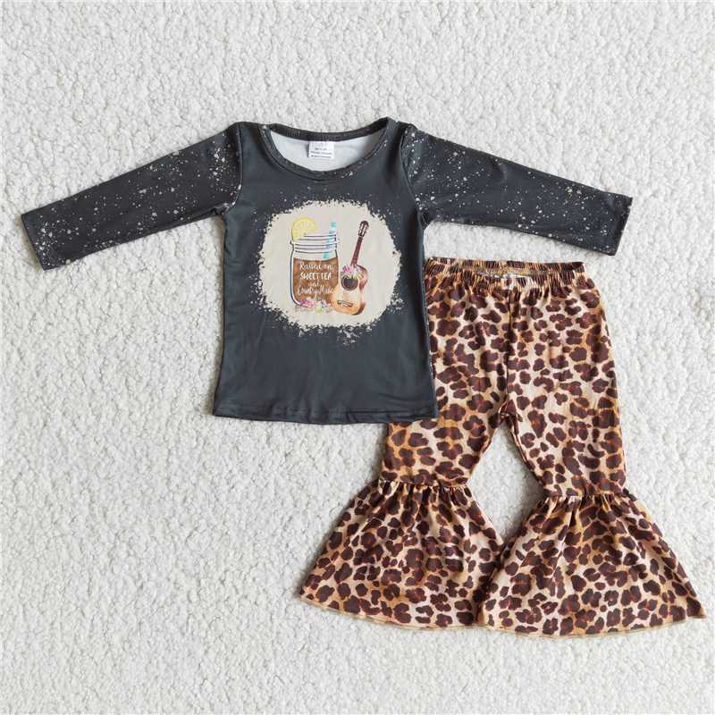 Guitar shirt and leopard bell pants 2 pieces girls outfits kids clothes