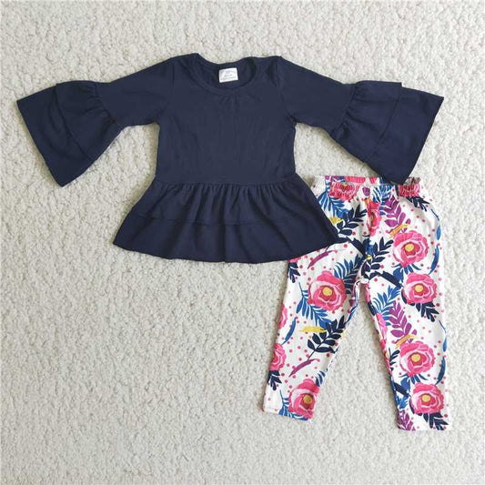 navy cotton shirt and flower pants 2 pieces girls outfits kids clothes