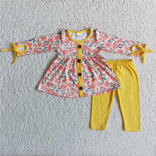 flower top yellow pants 2 pieces girl sets kids clothes