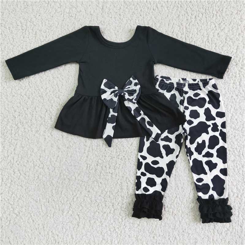 bow top cow print pants 2 pieces girl sets kids clothes