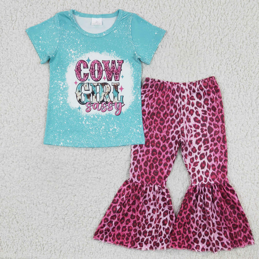 cow girl sassy shirt & leopard bell set girls suit kids clothes
