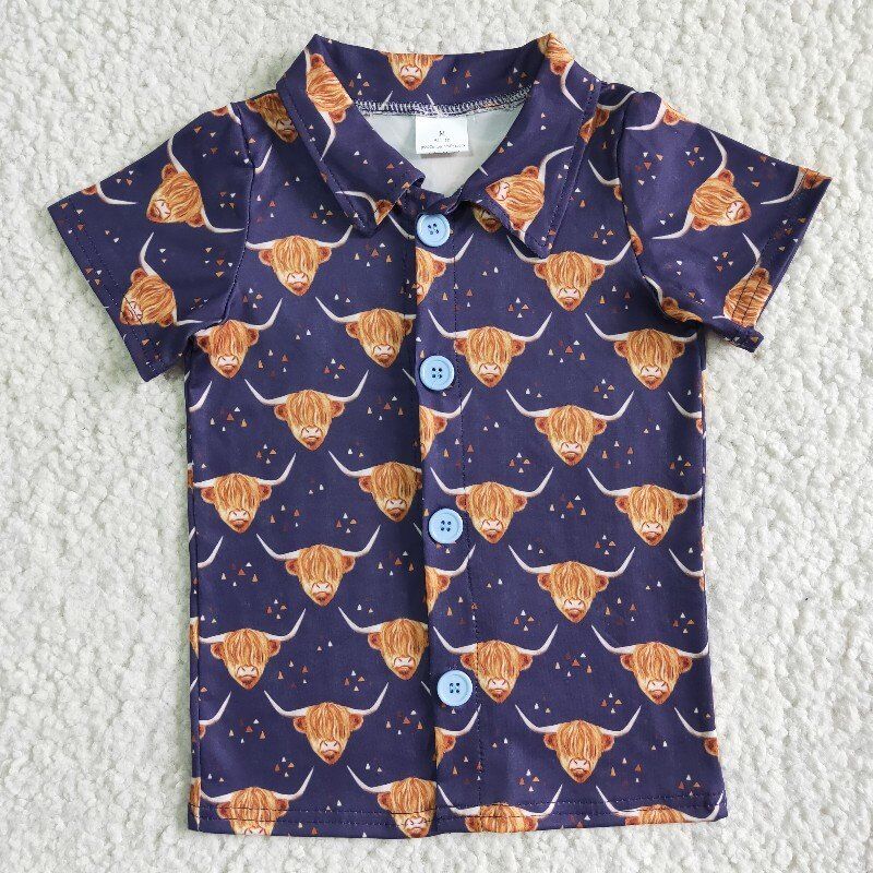 highland cattle short sleeve shirt boys summer button top