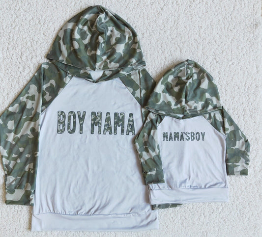 "mama's boy" "boy mama" mom & me long sleeve camo hoodie top