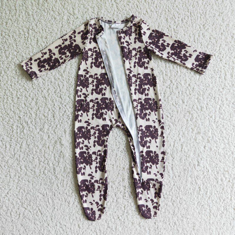 Brown Cow Print Zip Sleeper romper even feet