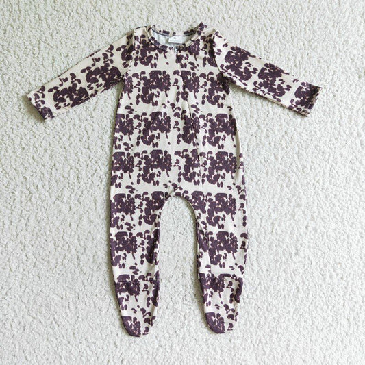 Brown Cow Print Zip Sleeper romper even feet