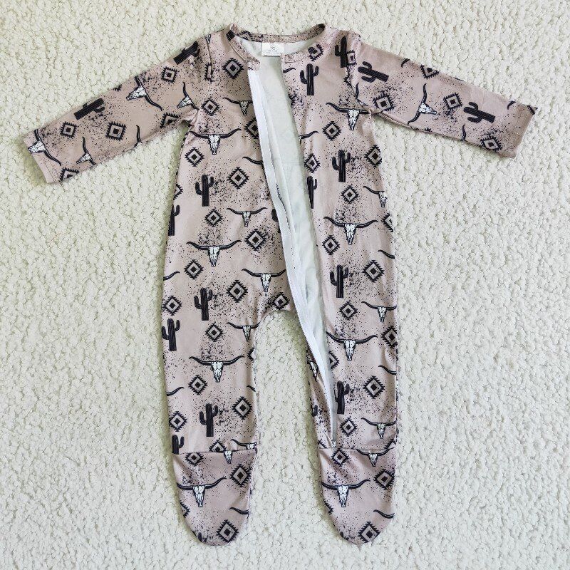 Western Cow Cactus Zip Sleeper romper even feet  long sleeve jumpsuit