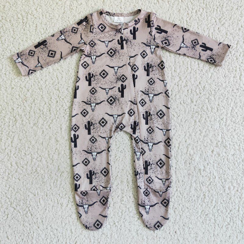 Western Cow Cactus Zip Sleeper romper even feet  long sleeve jumpsuit