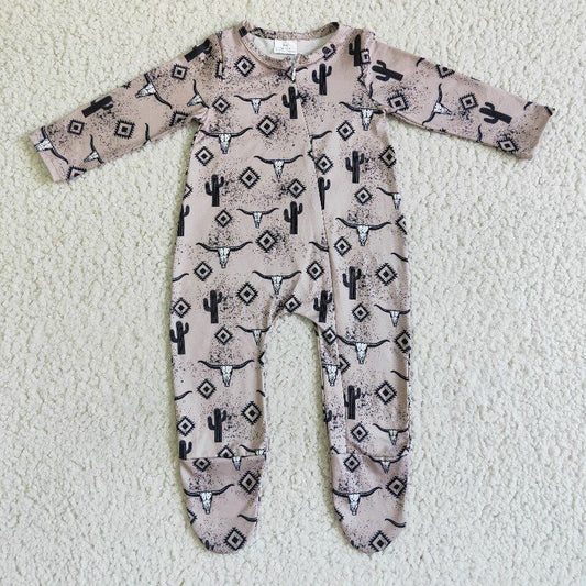 Western Cow Cactus Zip Sleeper romper even feet  long sleeve jumpsuit