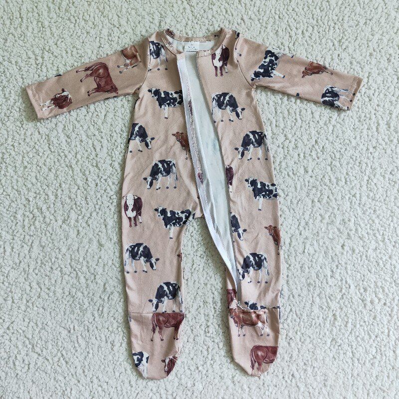 Cow Zip Sleeper romper even feet  long sleeve jumpsuit