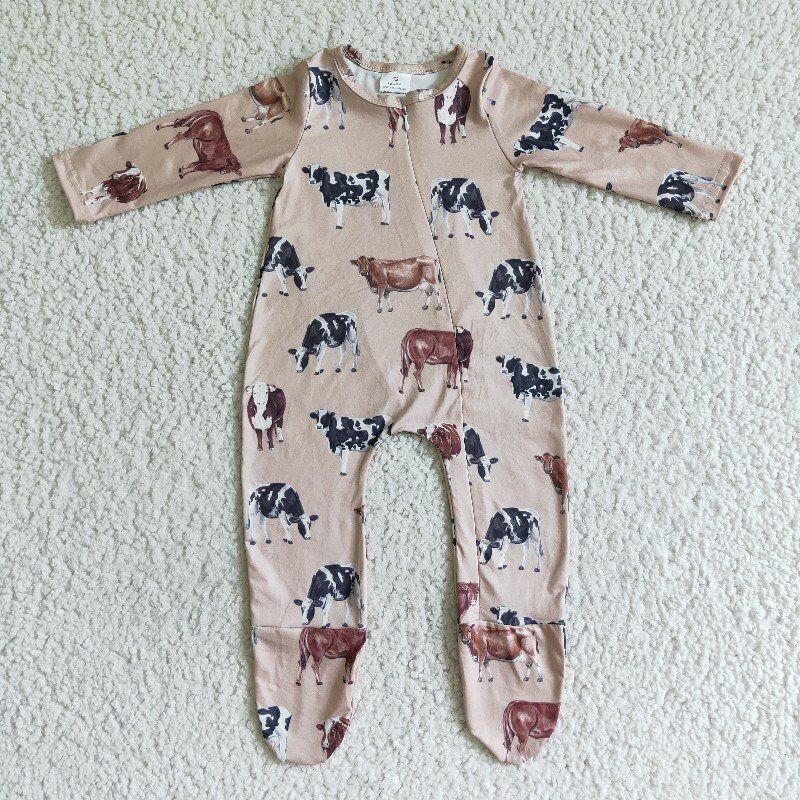 Cow Zip Sleeper romper even feet  long sleeve jumpsuit