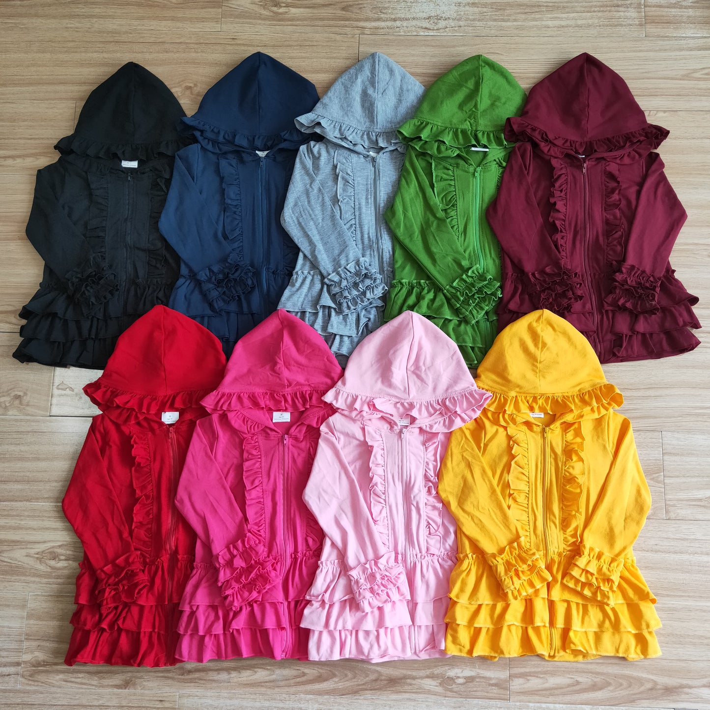 cotton solid color Hooded Zip ruffles Jacket girls coats