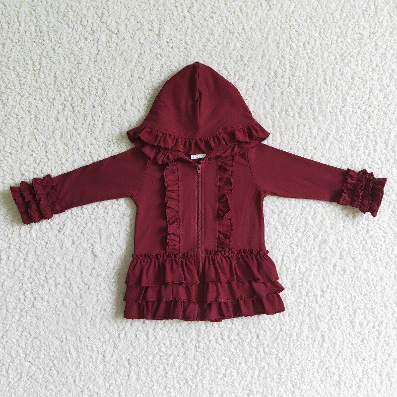 cotton solid color Hooded Zip ruffles Jacket girls coats