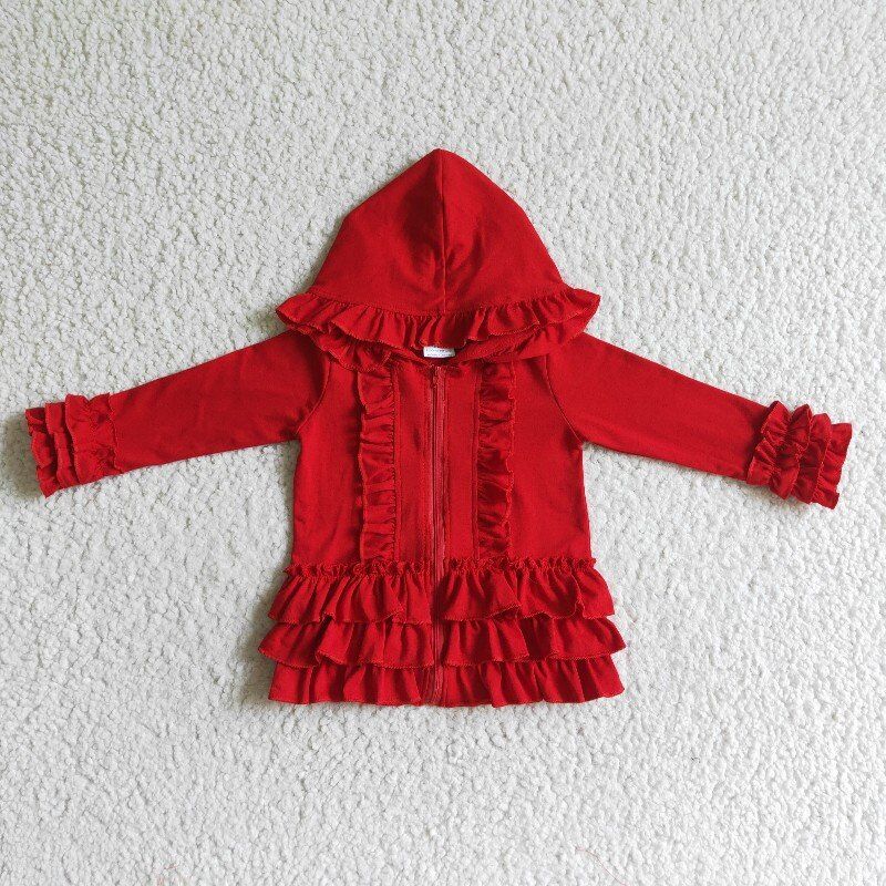 cotton solid color Hooded Zip ruffles Jacket girls coats