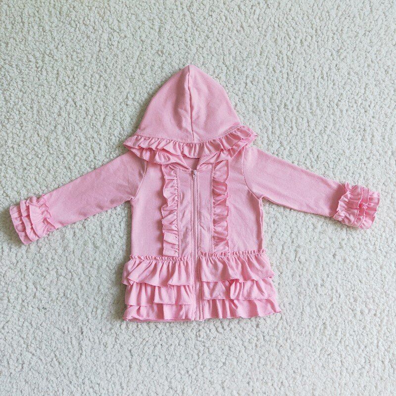 cotton solid color Hooded Zip ruffles Jacket girls coats