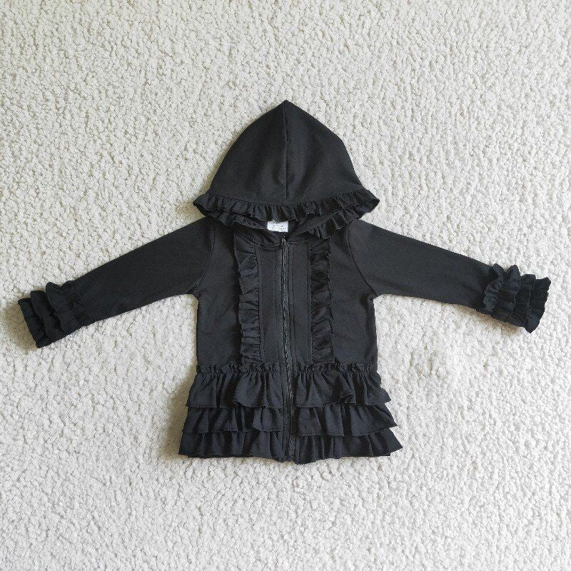 cotton solid color Hooded Zip ruffles Jacket girls coats