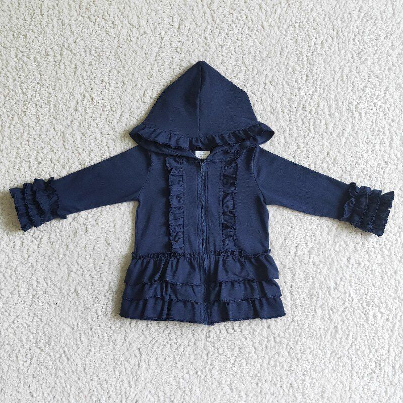 cotton solid color Hooded Zip ruffles Jacket girls coats