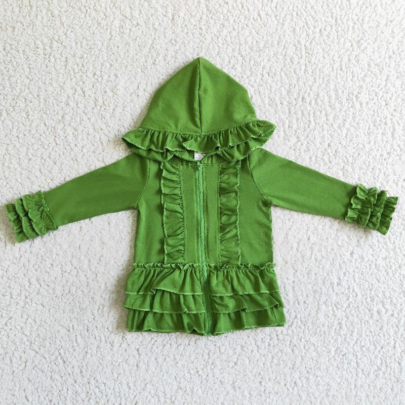 cotton solid color Hooded Zip ruffles Jacket girls coats