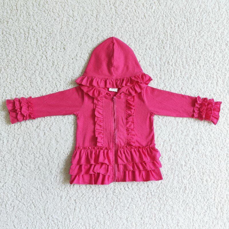 cotton solid color Hooded Zip ruffles Jacket girls coats