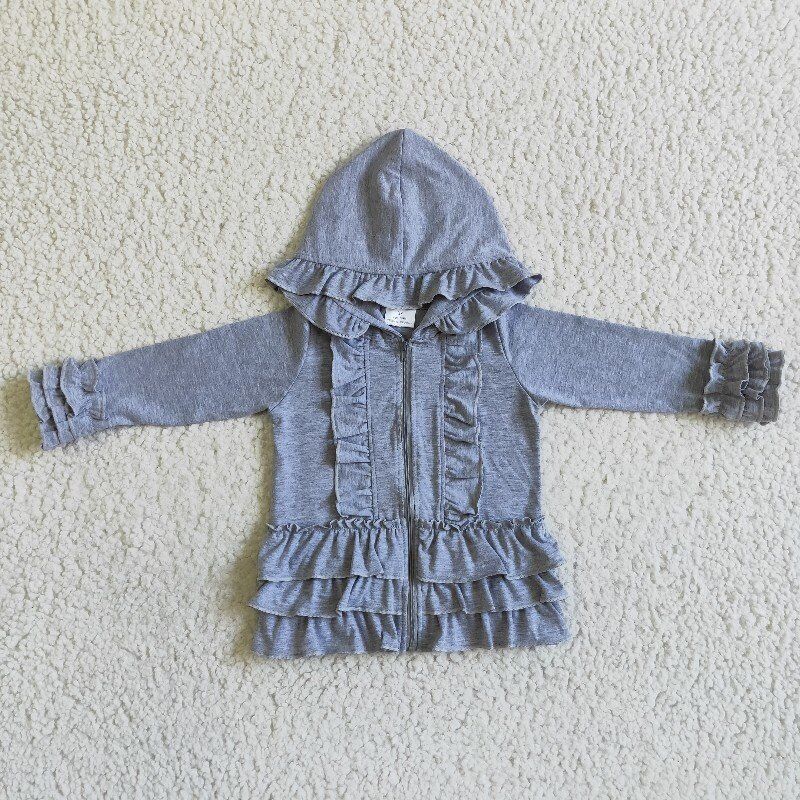 cotton solid color Hooded Zip ruffles Jacket girls coats