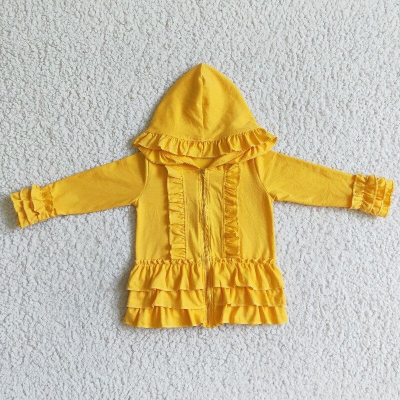 cotton solid color Hooded Zip ruffles Jacket girls coats