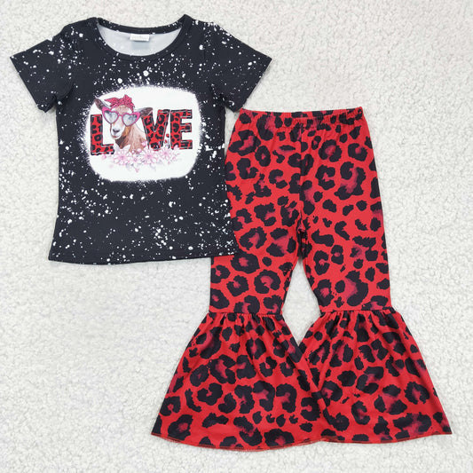 love cow shirt leopard bell set valentine's day girls outfits kid clothes