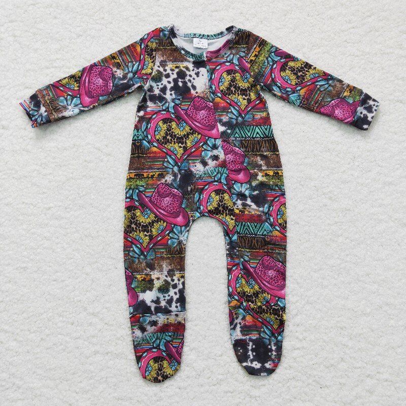 zip sunflower western romper with feet kid clothes